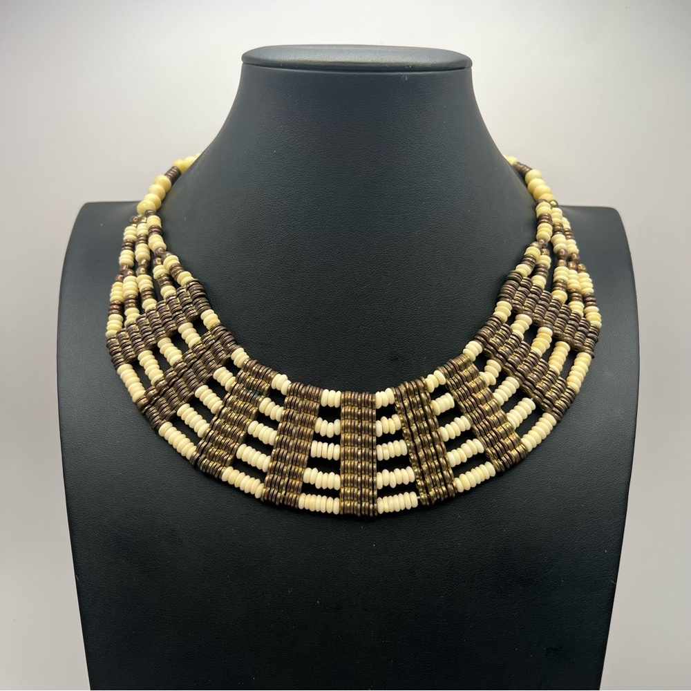 Vintage Brass & Bone Egyptian Revival Boho Eclectic Tribal Collar Necklace